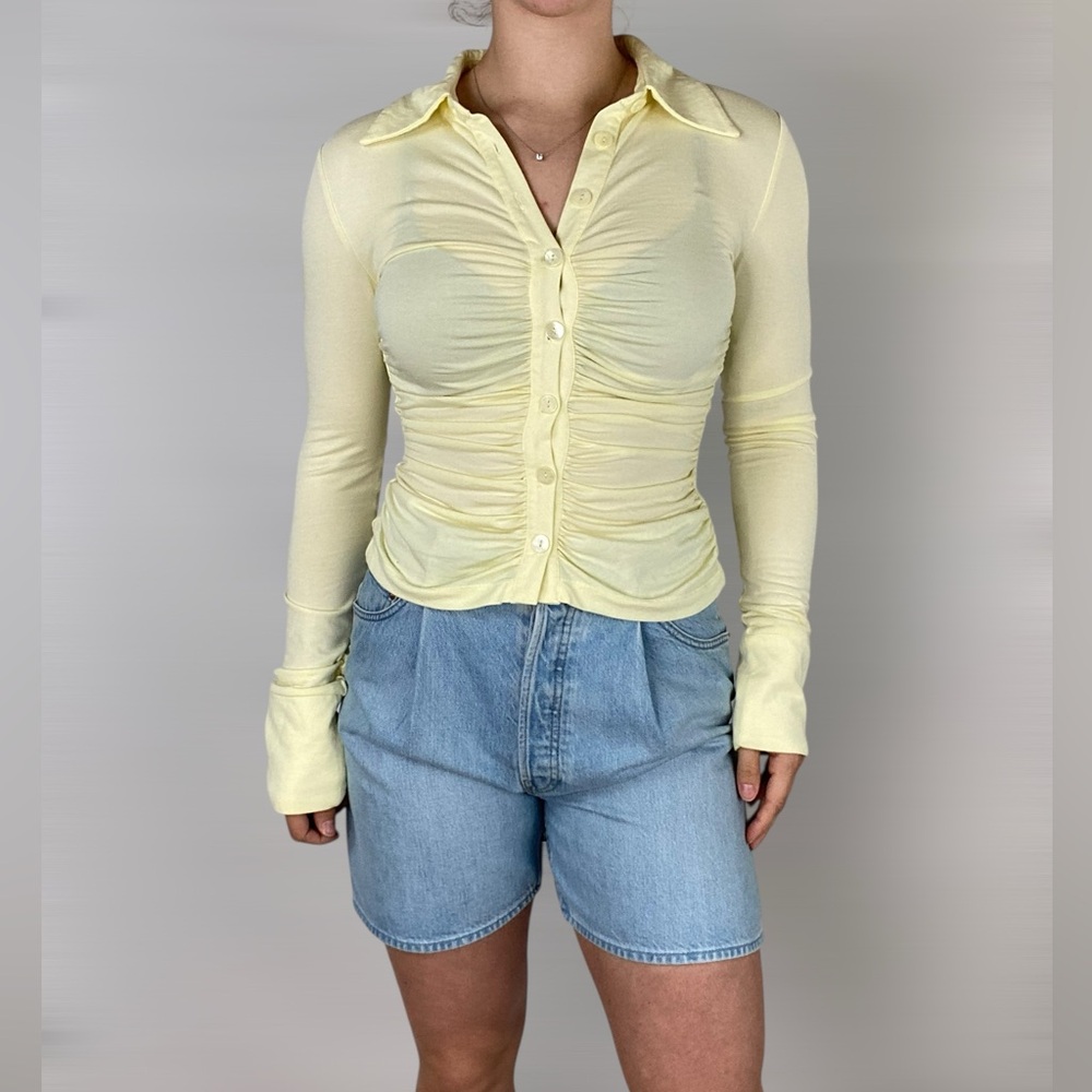 SONG OF STYLE Efra Top in‎ Mellow Yellow Ruched Long Sleeve Button Down